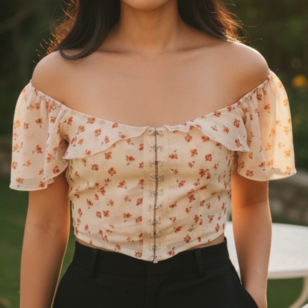 Fanco Women's Size Small Off Shoulder Crop Top Cream Orange Floral Ruffle Lace
